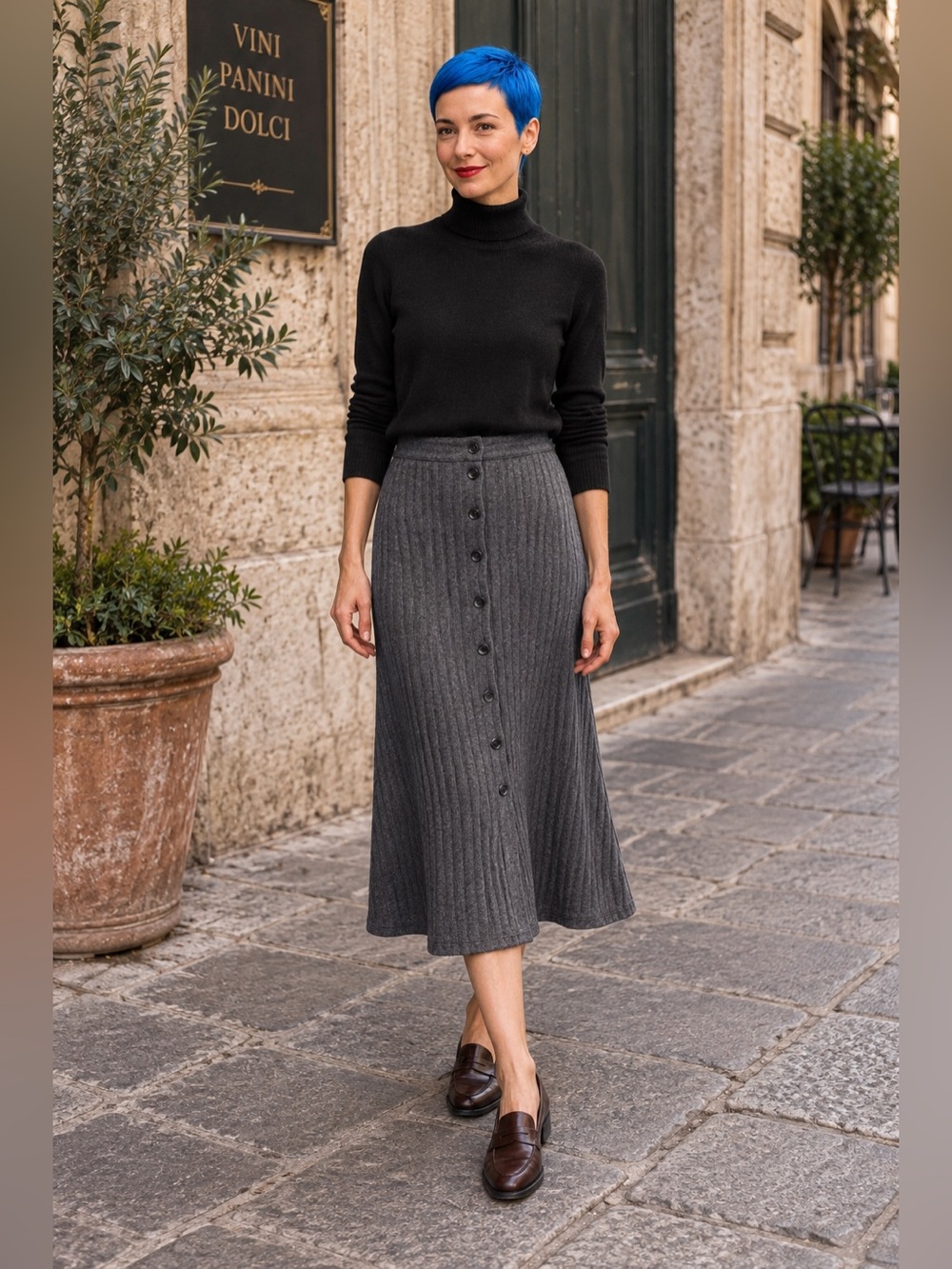 Vintage Made in Italy Gray Ribbed Button Front Midi Skirt